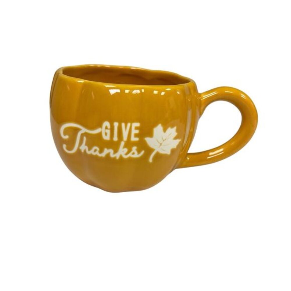 Perfect Harvest Pumpkin Ceramic Mug "Give Thanks" 17 oz Autumn Theme